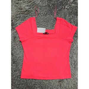 Good Luck Gem Women's T-Shirt Ribbed Square Neck Tee Shirt Neon Pink Size L